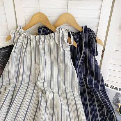 Sleeveless Round Neck Striped Drawstring Top mySite