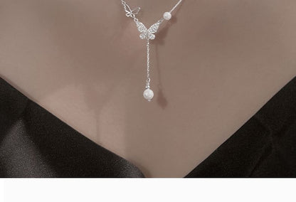 Rhinestone Butterfly Faux Pearl Pendant Necklace SpreePicky