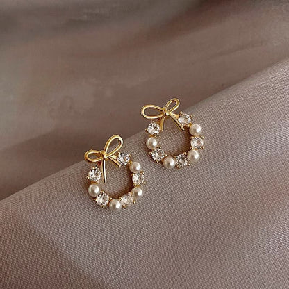 Bow Rhinestone Faux Pearl Stud Earring mySite