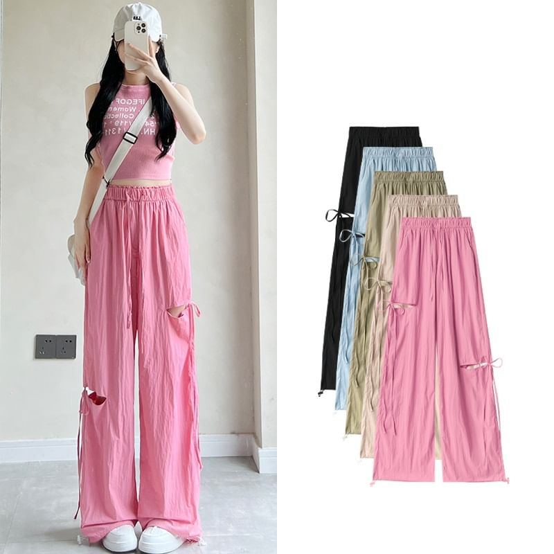 Bow Accent Cutout High Rise Drawstring Wide Leg Sweatpants SpreePicky