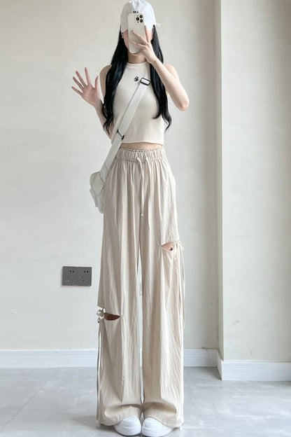 Bow Accent Cutout High Rise Drawstring Wide Leg Sweatpants SpreePicky