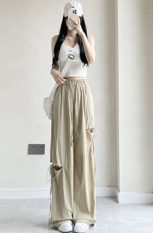 Bow Accent Cutout High Rise Drawstring Wide Leg Sweatpants SpreePicky