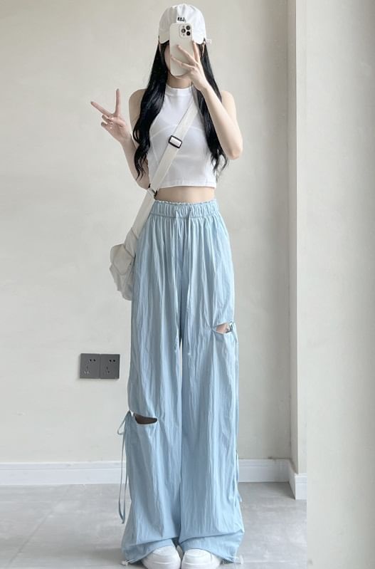 Bow Accent Cutout High Rise Drawstring Wide Leg Sweatpants SpreePicky