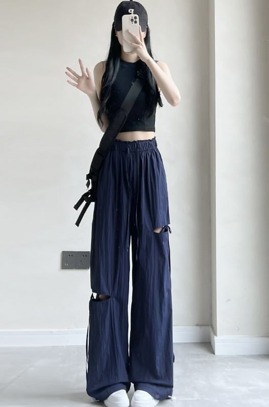 Bow Accent Cutout High Rise Drawstring Wide Leg Sweatpants SpreePicky