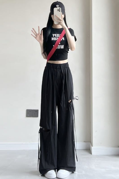 Bow Accent Cutout High Rise Drawstring Wide Leg Sweatpants SpreePicky