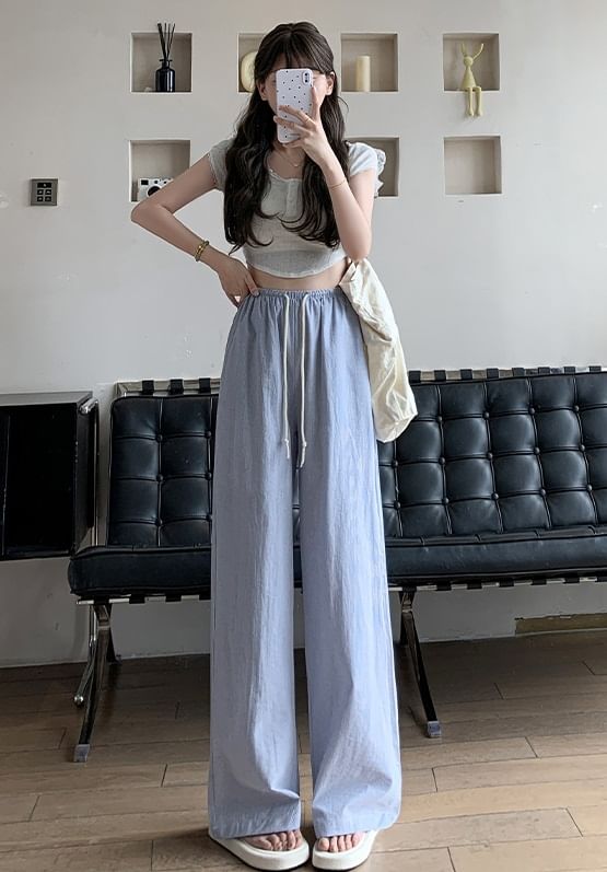 Stripe High Waist Drawstring Wide Leg Sweatpants SpreePicky