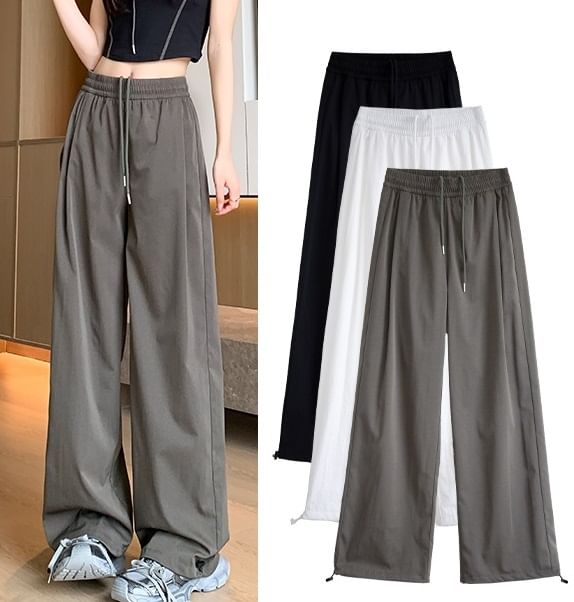 Plain High Waist Drawstring Wide Leg Sweatpants SpreePicky