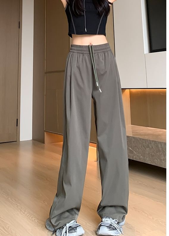 Plain High Waist Drawstring Wide Leg Sweatpants SpreePicky