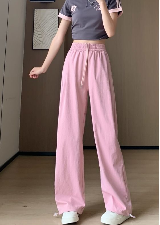 Plain High Waist Drawstring Wide Leg Sweatpants SpreePicky