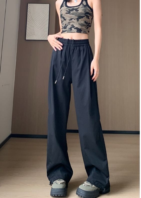 Plain High Waist Drawstring Wide Leg Sweatpants SpreePicky