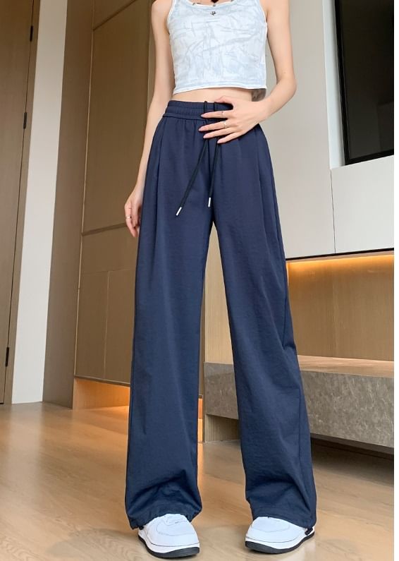 Plain High Waist Drawstring Wide Leg Sweatpants SpreePicky