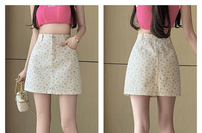 High Waist Floral Denim Mini Pencil Skirt SpreePicky