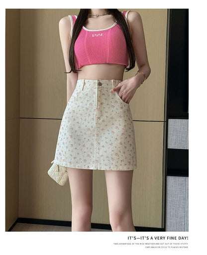 High Waist Floral Denim Mini Pencil Skirt SpreePicky