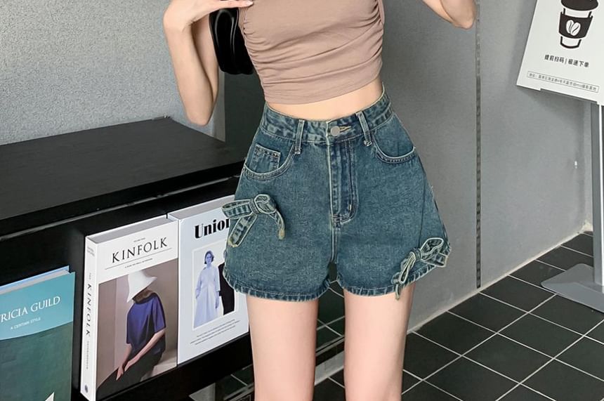 High Waist Bow Denim Shorts SpreePicky