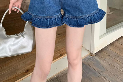 High Waist Ruffle Hem Denim Shorts mySite