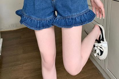 High Waist Ruffle Hem Denim Shorts mySite