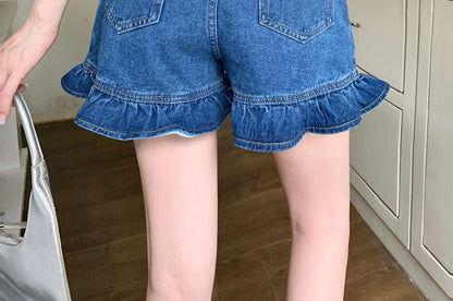 High Waist Ruffle Hem Denim Shorts mySite