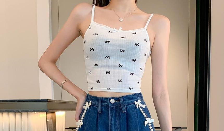 High Waist Bow Beaded Washed Denim Shorts SpreePicky