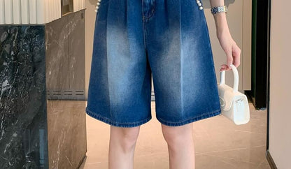 High Waist Bow Beaded Washed Denim Shorts SpreePicky