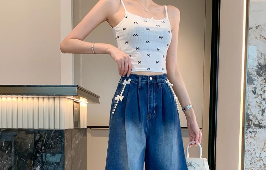 High Waist Bow Beaded Washed Denim Shorts SpreePicky