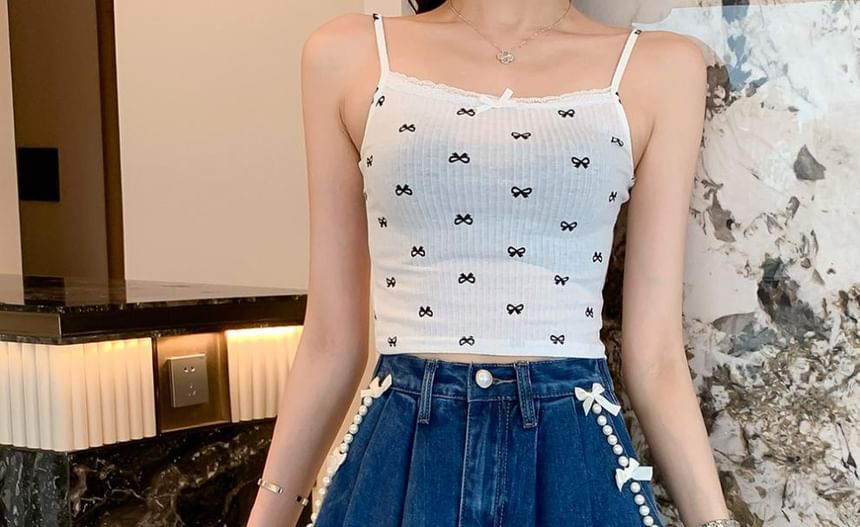 High Waist Bow Beaded Washed Denim Shorts SpreePicky