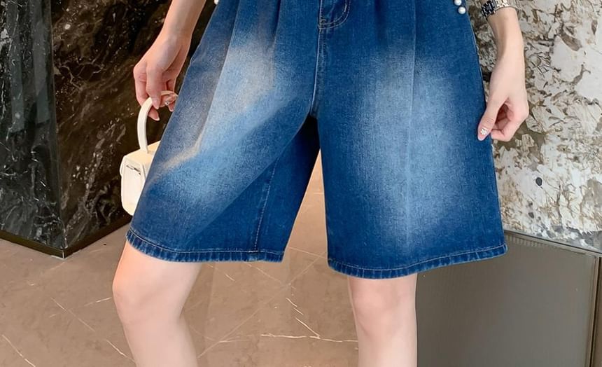 High Waist Bow Beaded Washed Denim Shorts SpreePicky