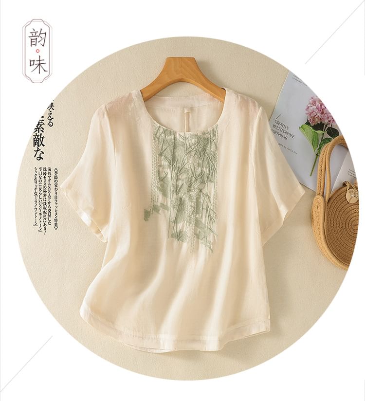 Short-Sleeve Leaf Embroidered Blouse SpreePicky