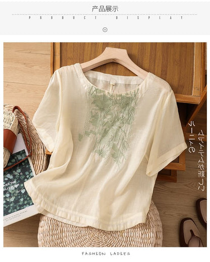 Short-Sleeve Leaf Embroidered Blouse SpreePicky