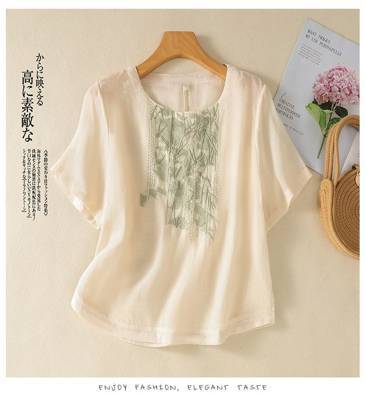 Short-Sleeve Leaf Embroidered Blouse SpreePicky