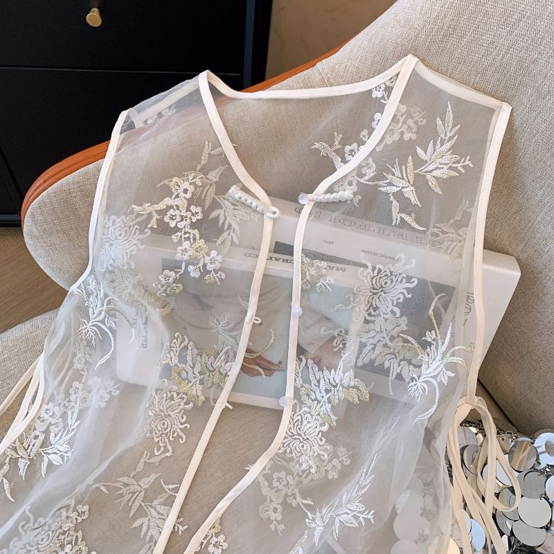 Flower Embroidered Sheer Vest SpreePicky