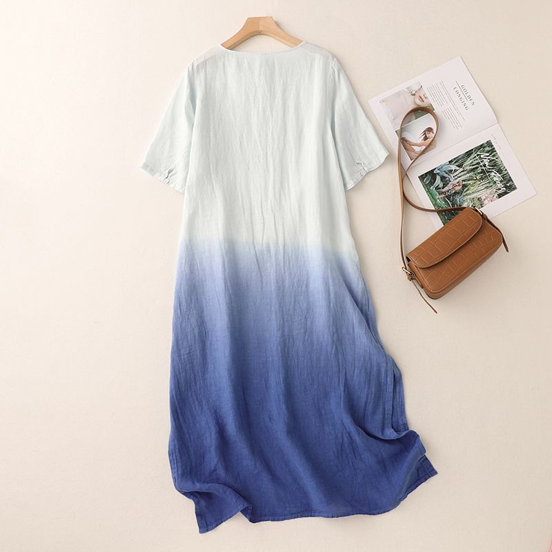 Short-Sleeve Gradient Asymmetrical Midi Sundress SpreePicky