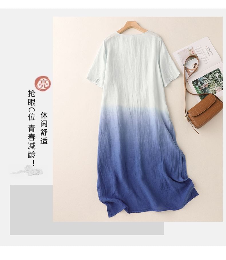 Short-Sleeve Gradient Asymmetrical Midi Sundress SpreePicky