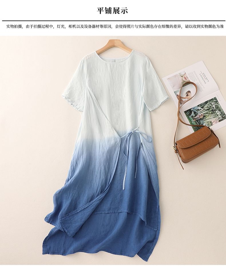 Short-Sleeve Gradient Asymmetrical Midi Sundress SpreePicky