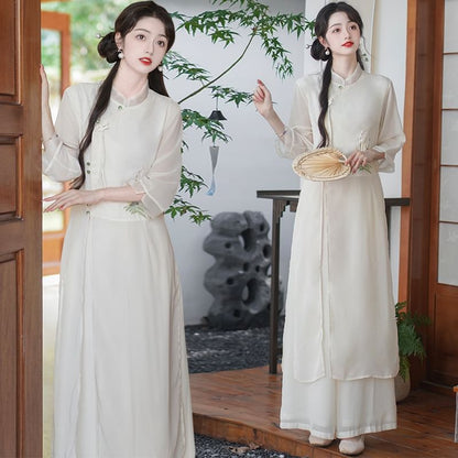 Set: 3/4-Sleeve Flower Embroidered Midi Hanfu Dress + Plain Wide Leg Pants SpreePicky