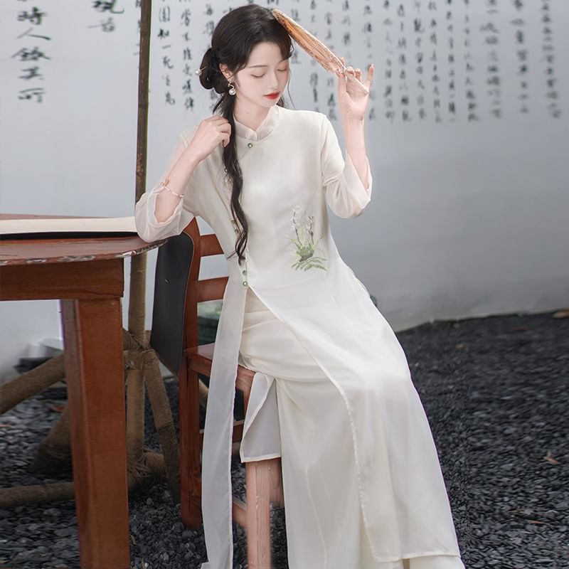 Set: 3/4-Sleeve Flower Embroidered Midi Hanfu Dress + Plain Wide Leg Pants SpreePicky