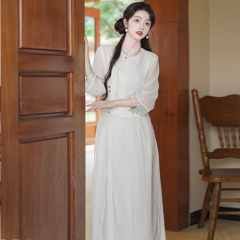 Set: 3/4-Sleeve Flower Embroidered Midi Hanfu Dress + Plain Wide Leg Pants SpreePicky