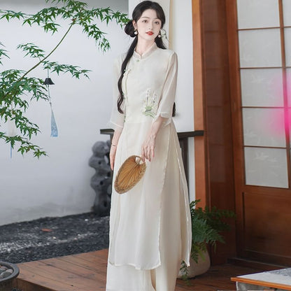 Set: 3/4-Sleeve Flower Embroidered Midi Hanfu Dress + Plain Wide Leg Pants SpreePicky