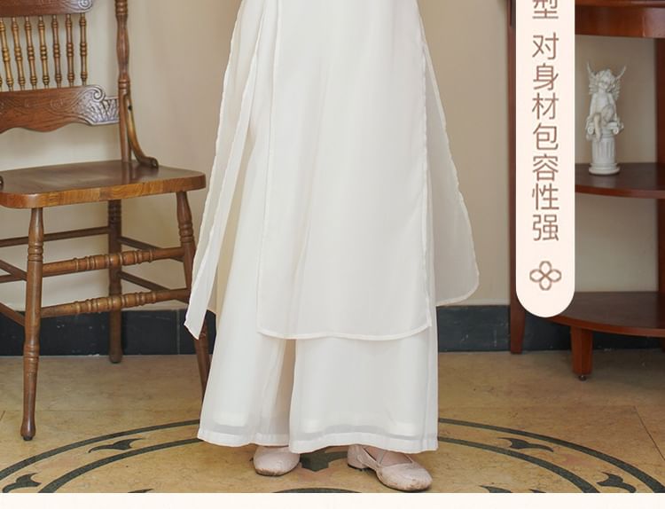 Set: 3/4-Sleeve Flower Embroidered Midi Hanfu Dress + Plain Wide Leg Pants SpreePicky