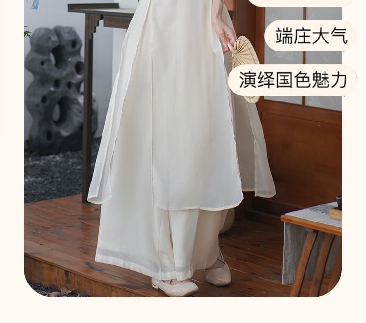 Set: 3/4-Sleeve Flower Embroidered Midi Hanfu Dress + Plain Wide Leg Pants SpreePicky