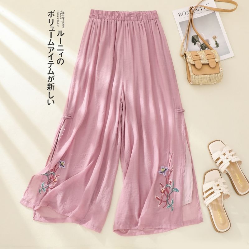 High Waist Flower Embroidered Wide Leg Pants SpreePicky