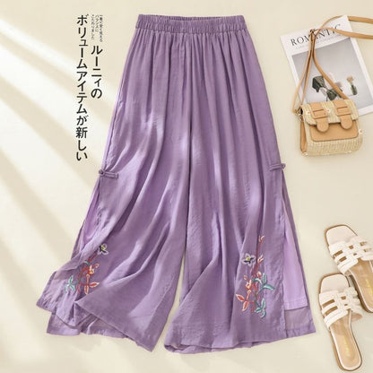 High Waist Flower Embroidered Wide Leg Pants SpreePicky