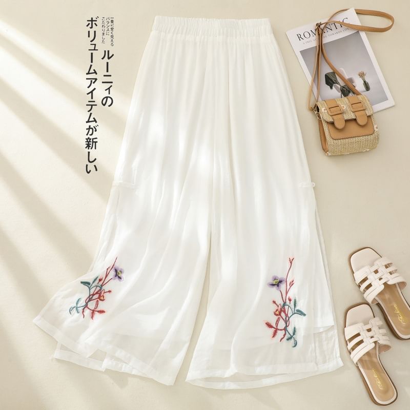 High Waist Flower Embroidered Wide Leg Pants SpreePicky