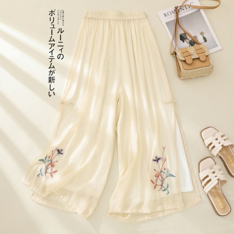 High Waist Flower Embroidered Wide Leg Pants SpreePicky