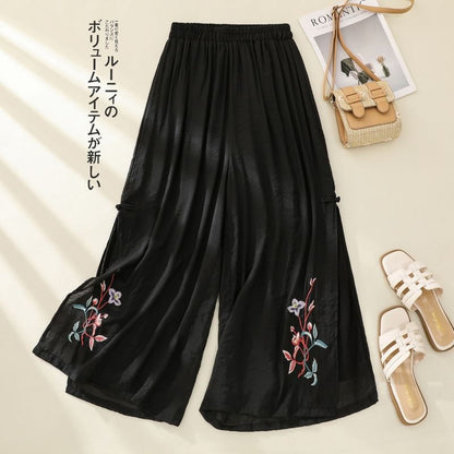 High Waist Flower Embroidered Wide Leg Pants SpreePicky