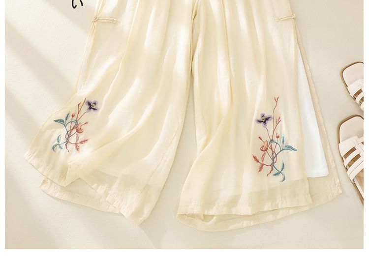 High Waist Flower Embroidered Wide Leg Pants SpreePicky