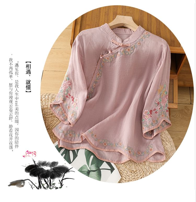 Elbow-Sleeve Flower Embroidered Blouse SpreePicky