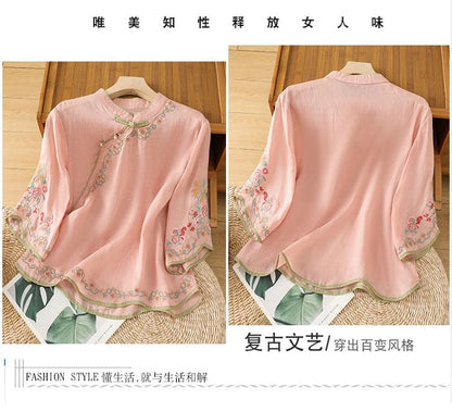 Elbow-Sleeve Flower Embroidered Blouse SpreePicky