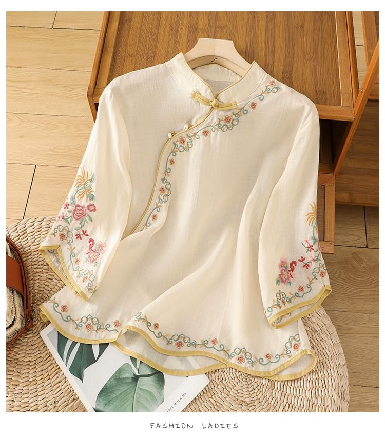 Elbow-Sleeve Flower Embroidered Blouse SpreePicky