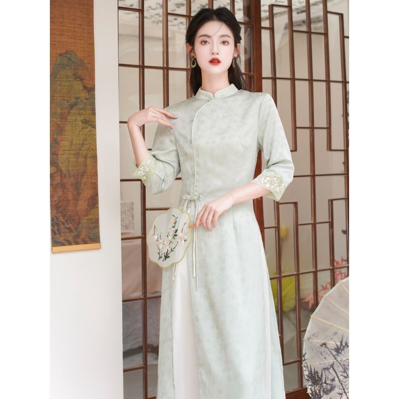 Elbow-Sleeve Floral Side-Slit Midi Hanfu Dress / High Waist Plain Wide Leg Pants / Set SpreePicky