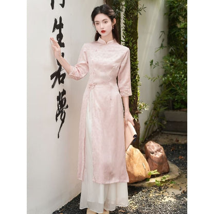 Elbow-Sleeve Floral Side-Slit Midi Hanfu Dress / High Waist Plain Wide Leg Pants / Set SpreePicky